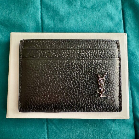 Saint Laurent Cassandre Card Case in Black Grained Leather